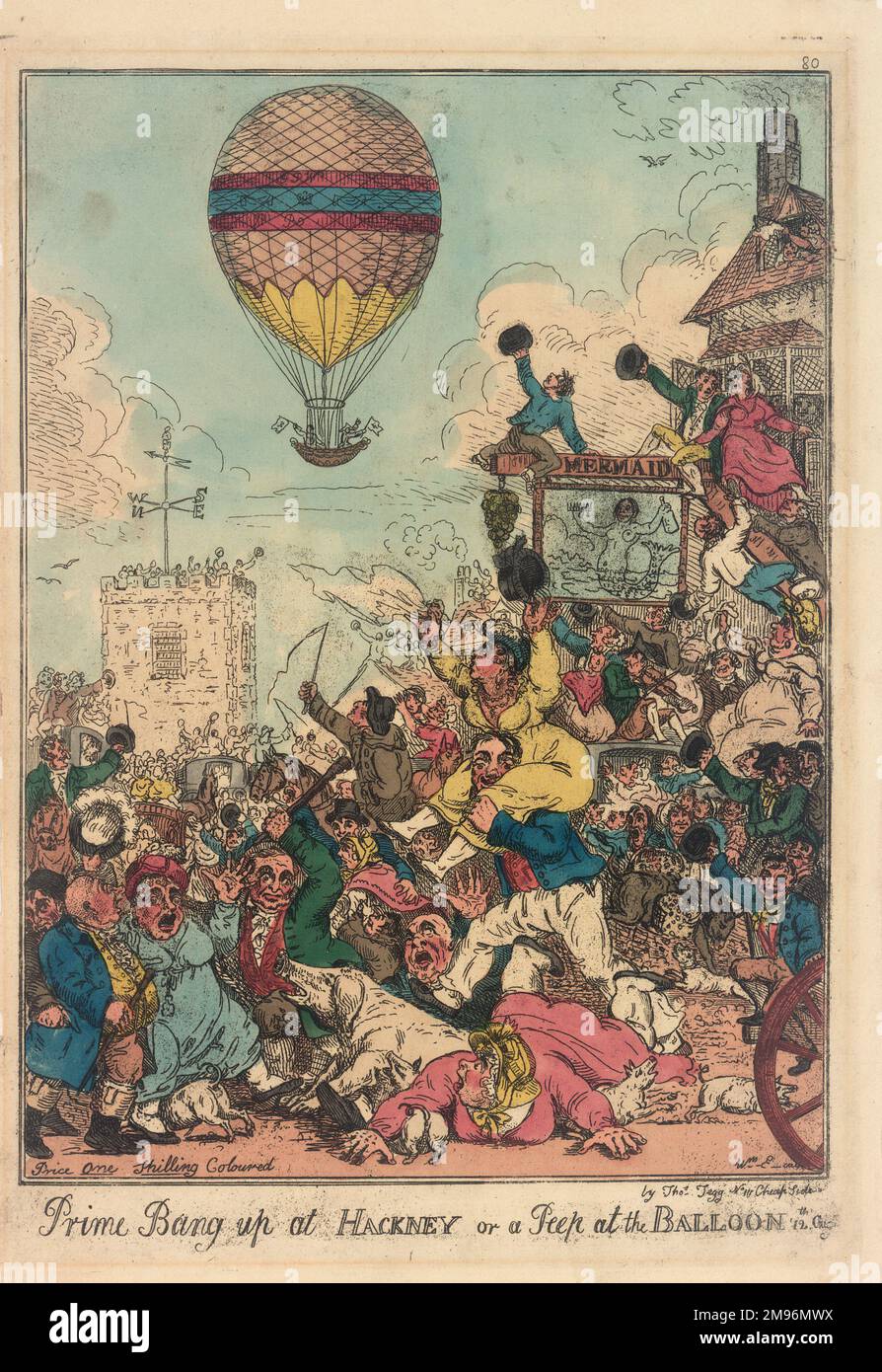 Prime Bang Up in Hackney oder ein Peep in the Balloon. Ein satirischer Cartoon, der Chaos zeigt, während die Massen einen Ballon in der Nähe des Meerjungfrauen-Pubs beobachten. Stockfoto