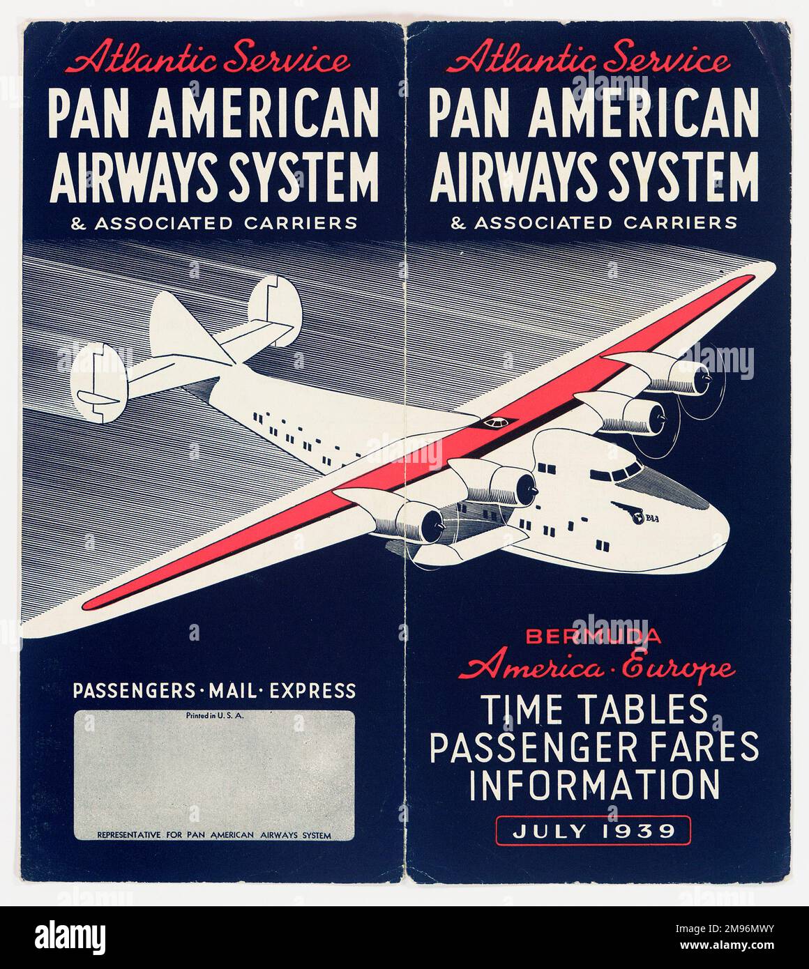 Coverdesign, Flugplan des Pan American Airways System Atlantic Service für Bermudas, Amerika und Europa. Stockfoto