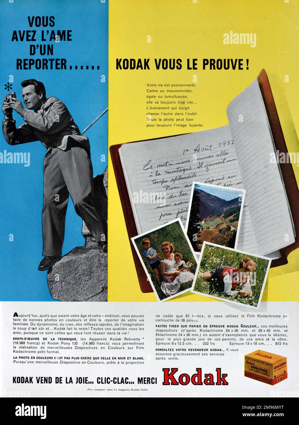 Klassische oder alte Werbung, Werbung, Publicity oder Illustration für Kodak, Kodak Ektachrome Slide Film und Kodak Farb- oder Farb-Fotopapier 1957 Stockfoto