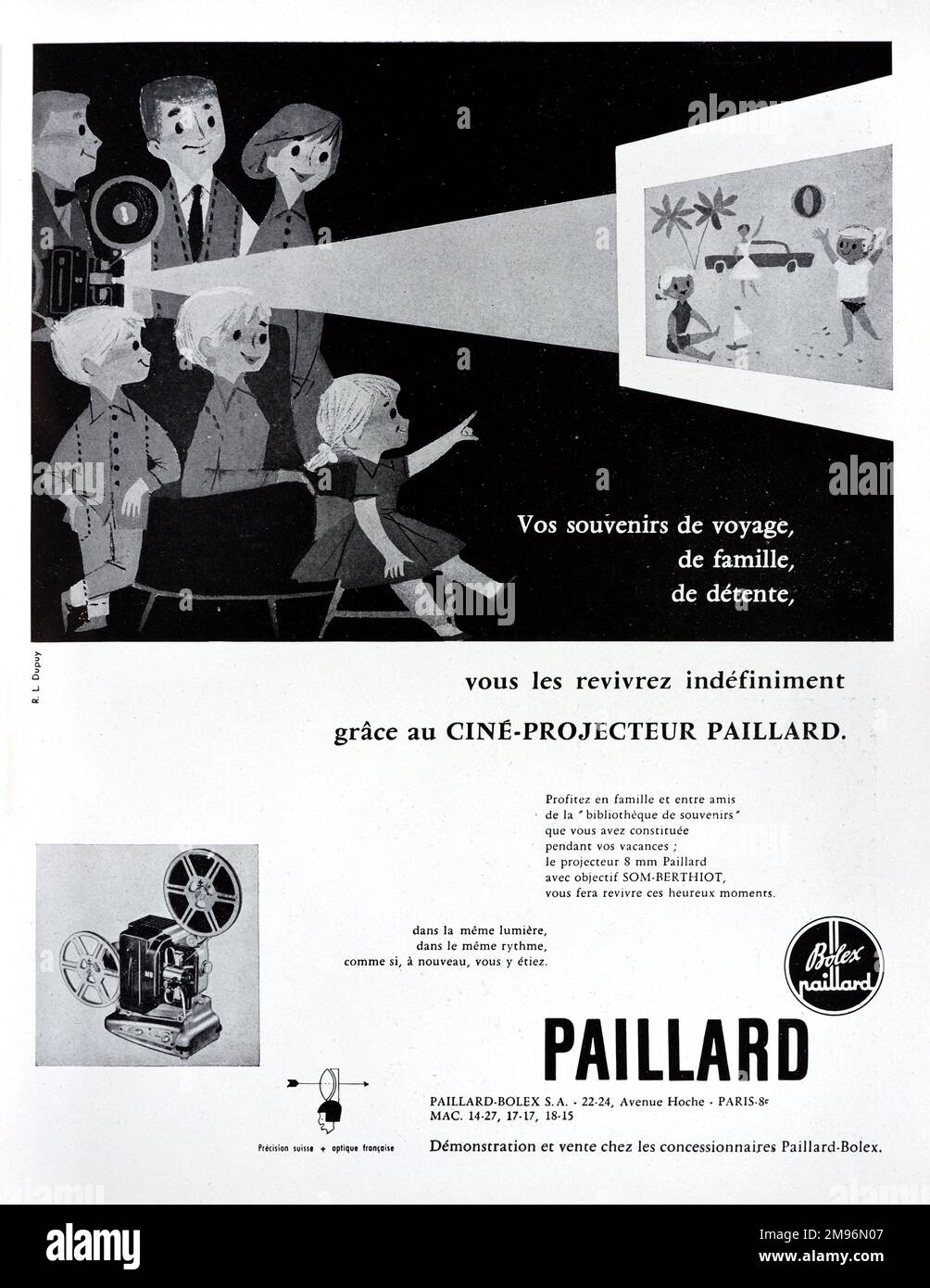 Vintage- oder Altanzeige, Werbung, Publicity oder Illustration für Paillard Filmprojektor 1957. Veranschaulicht mit einem Bild von 1950er-Familienunterhaltung, Home Entertainment oder Amateurfilmshow von Urlaubsfotos oder -Filmen. Stockfoto