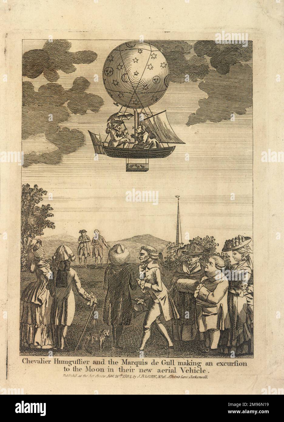 Fantasievolle Darstellung des Chevalier Humguffier (oder Humgussier) und des Marquis de Gull, die in ihrem neuen Luftfahrzeug einen Ausflug zum Mond machen. Stockfoto
