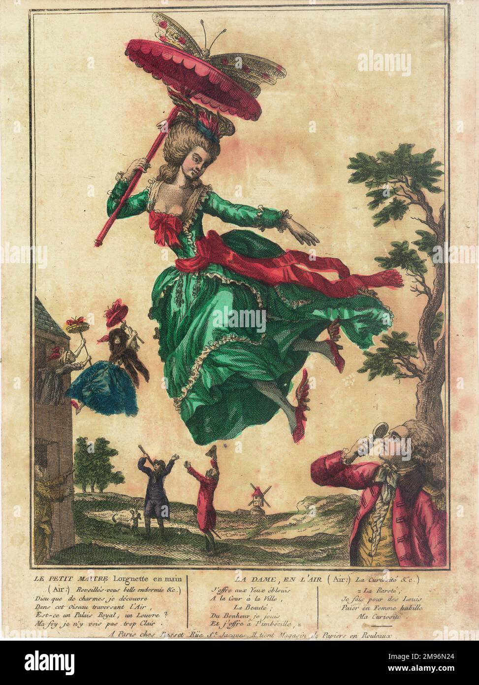 Frauen schweben in der Luft mit Sonnenschirmen mit großen Schmetterlingen und Flügeln an ihren Schuhen, die von Männern mit Lorgnetten und Teleskopen vom Boden aus betrachtet werden. Stockfoto