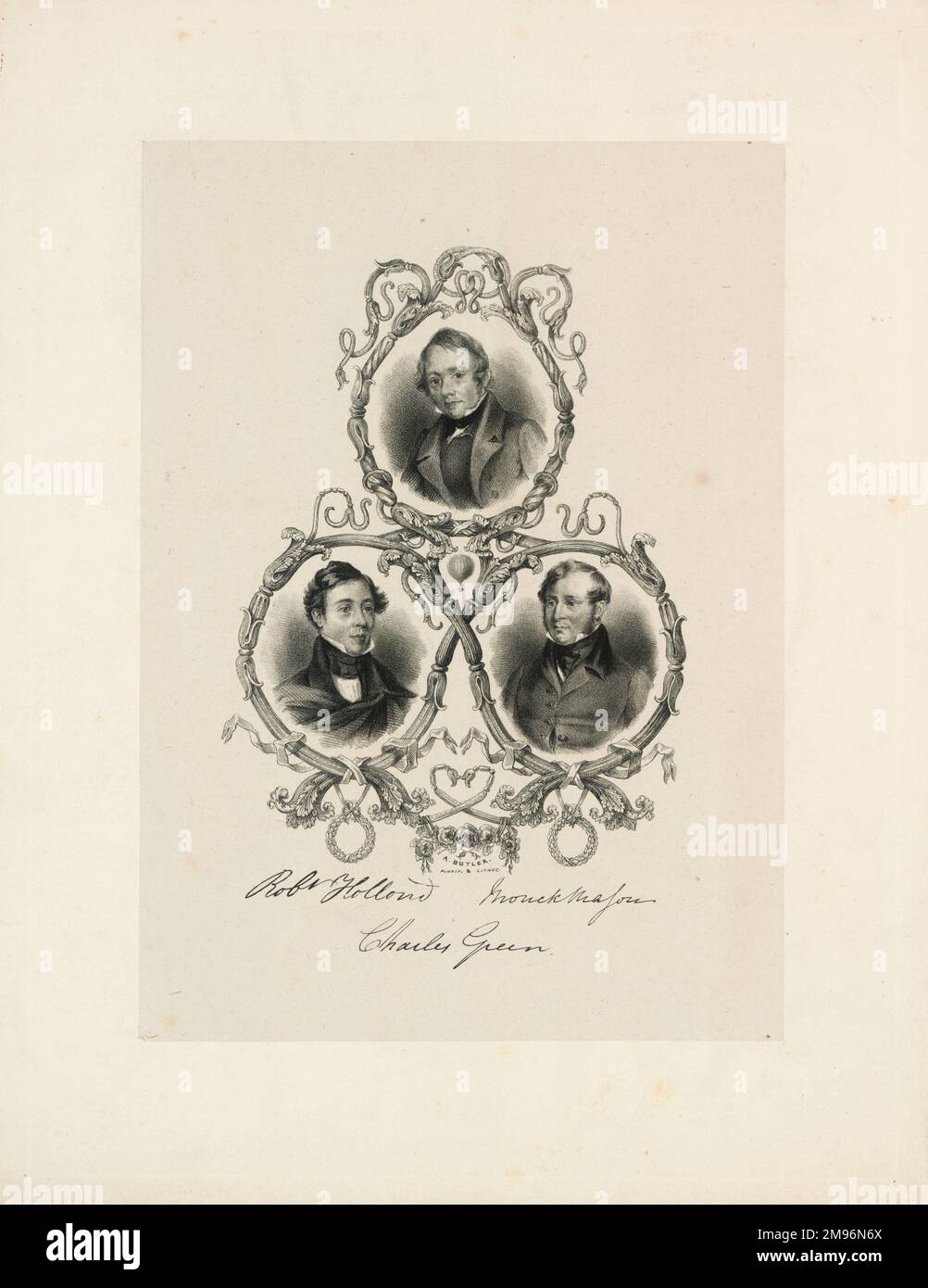 Drei Miniaturporträts von Ballonfiguren, angeordnet in einem Dreieck, mit einem kleinen Ballon in der Mitte und Unterschriften darunter. Oben steht Charles Green (1785-1870), unten links Robert Hollond (1808-1877) und unten rechts Thomas Monck Mason (1803-1889). Stockfoto