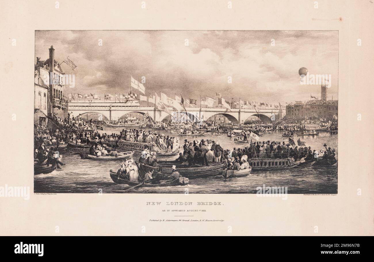 Eröffnung der neuen London Bridge durch König William IV. Und Königin Adelaide. Ein Stücklistensymbol ist im Abstand auf der rechten Seite zu sehen. Stockfoto