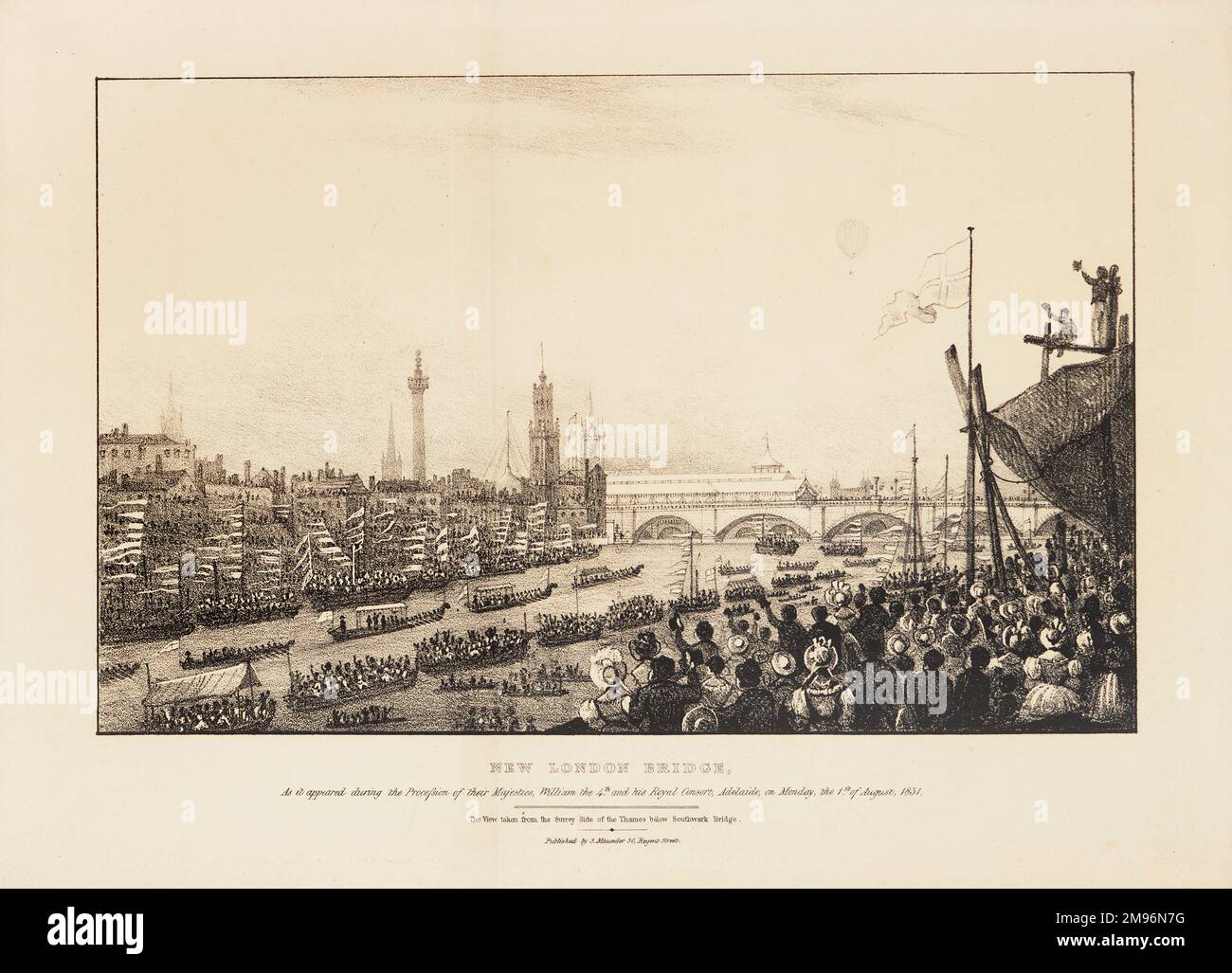 Eröffnung der neuen London Bridge durch König William IV. Und Königin Adelaide. Hier sehen Sie die Themse, die von der Surrey-Seite des Flusses unter der Southwark Bridge aus aufgenommen wurde. Ein Stücklistensymbol ist im Abstand auf der rechten Seite zu sehen. Stockfoto