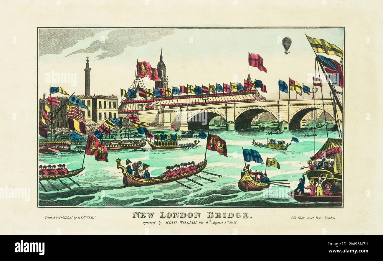Eröffnung der New London Bridge durch König William IV. Und Königin Adelaide. Die Themse ist voller königlicher Bargen, und oben rechts ist ein Ballon zu sehen. Stockfoto