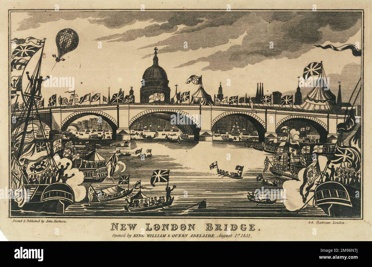 Eröffnung der New London Bridge durch König William IV. Und Königin Adelaide. Die Themse ist voller königlicher Bargen, und oben links ist ein Ballon zu sehen. Stockfoto