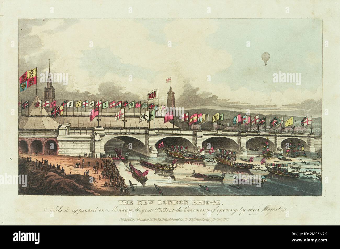 Eröffnung der New London Bridge durch König William IV. Und Königin Adelaide. Die Themse ist voller königlicher Bargen, und oben rechts ist ein Ballon zu sehen. Stockfoto