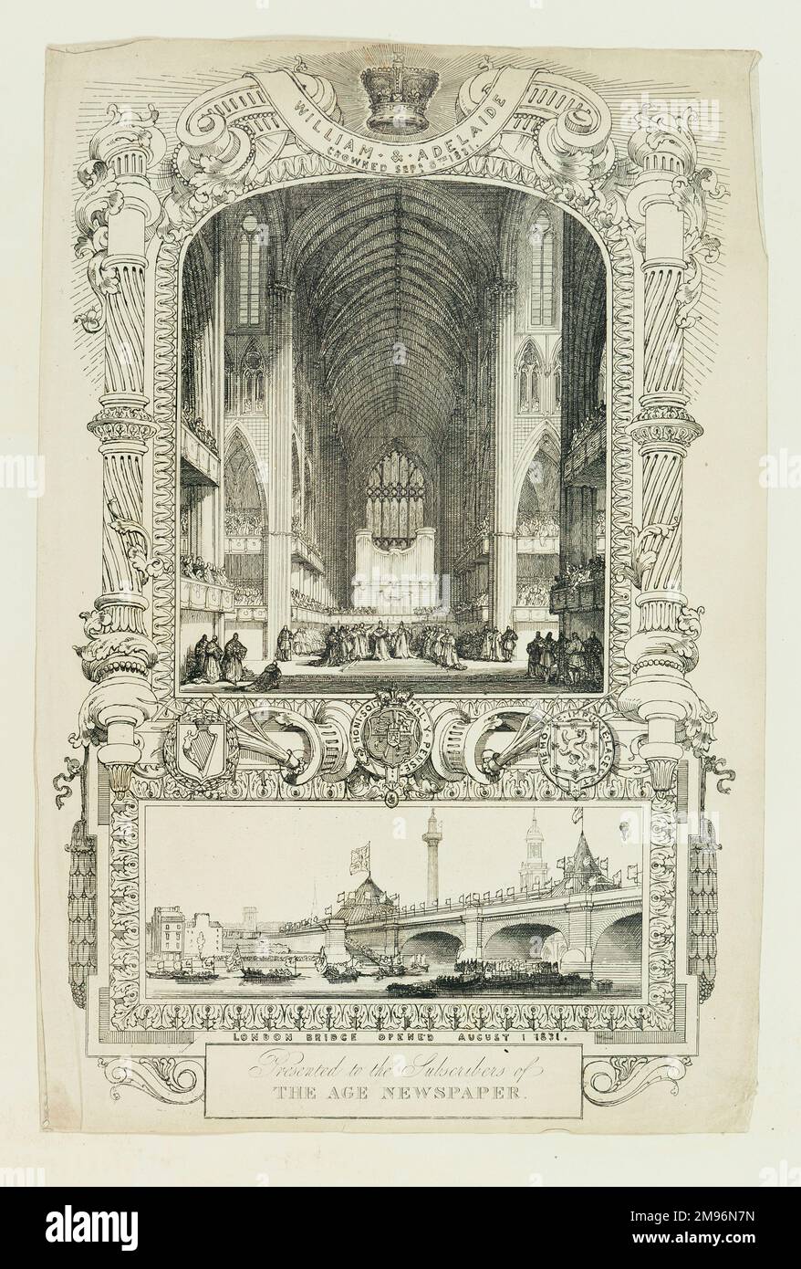 Szene bei der Krönung von König William IV. Und Königin Adelaide (8. September 1831), mit der Eröffnung der New London Bridge (1. August 1831) unten, mit einem Ballon oben rechts sichtbar. Stockfoto