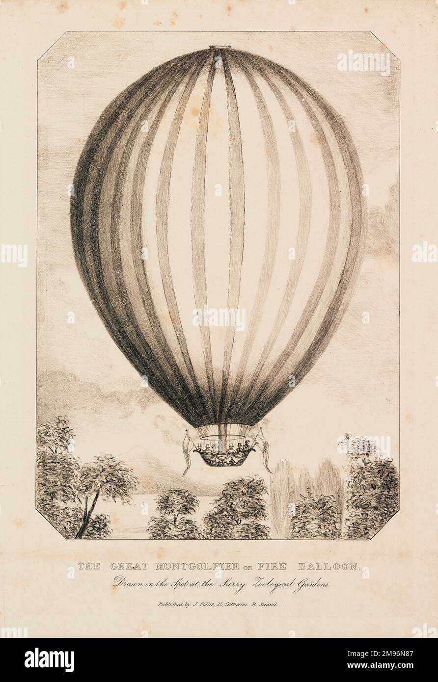 Der große Montgolfier oder Feuerballon, der von den Royal Surrey Zoological Gardens zum Geburtstag von Königin Victoria aufsteigt. Stockfoto