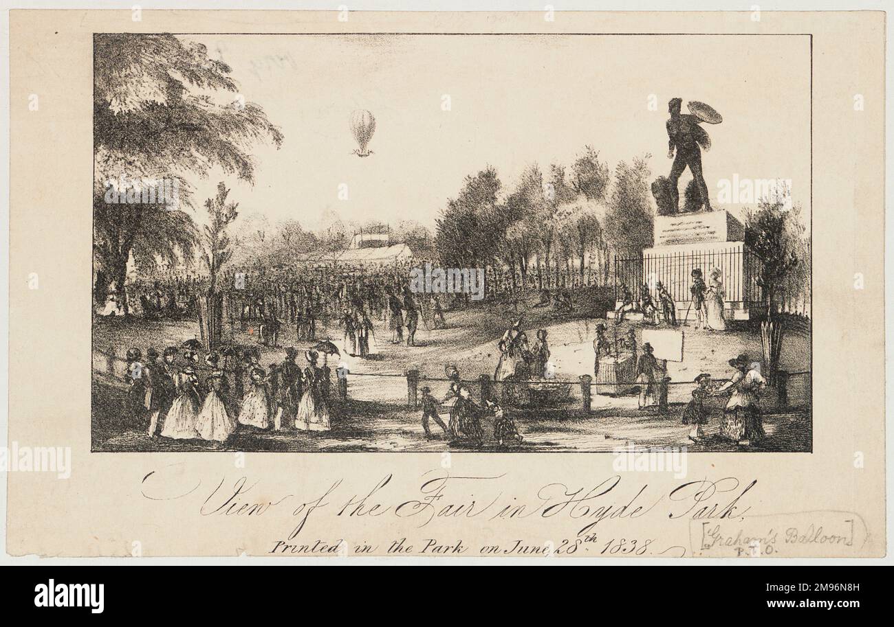 Blick auf die Messe im Hyde Park, London, mit Grahams Ballon im Flug. Stockfoto