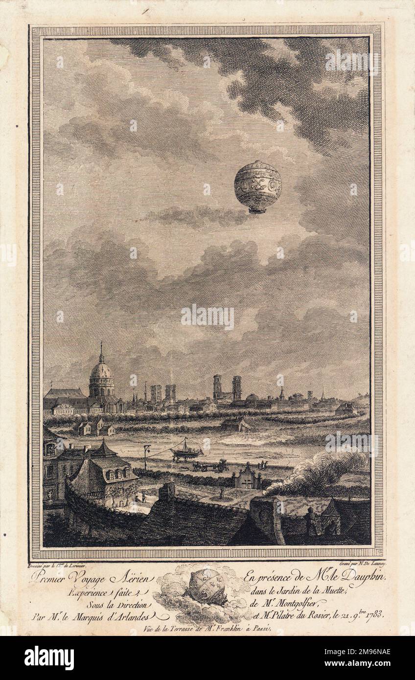 Der erste bemannte Aufstieg im Ballon, der in Gegenwart des Dauphins vom Jardin de la Muette, Paris, unter der Richtung Montgolfier durchgeführt wurde. Die Passagiere waren der Marquis d'Arlandes und Pilatre de Rozier. Blick von der Terrasse von Herrn Franklin in Passy. Stockfoto