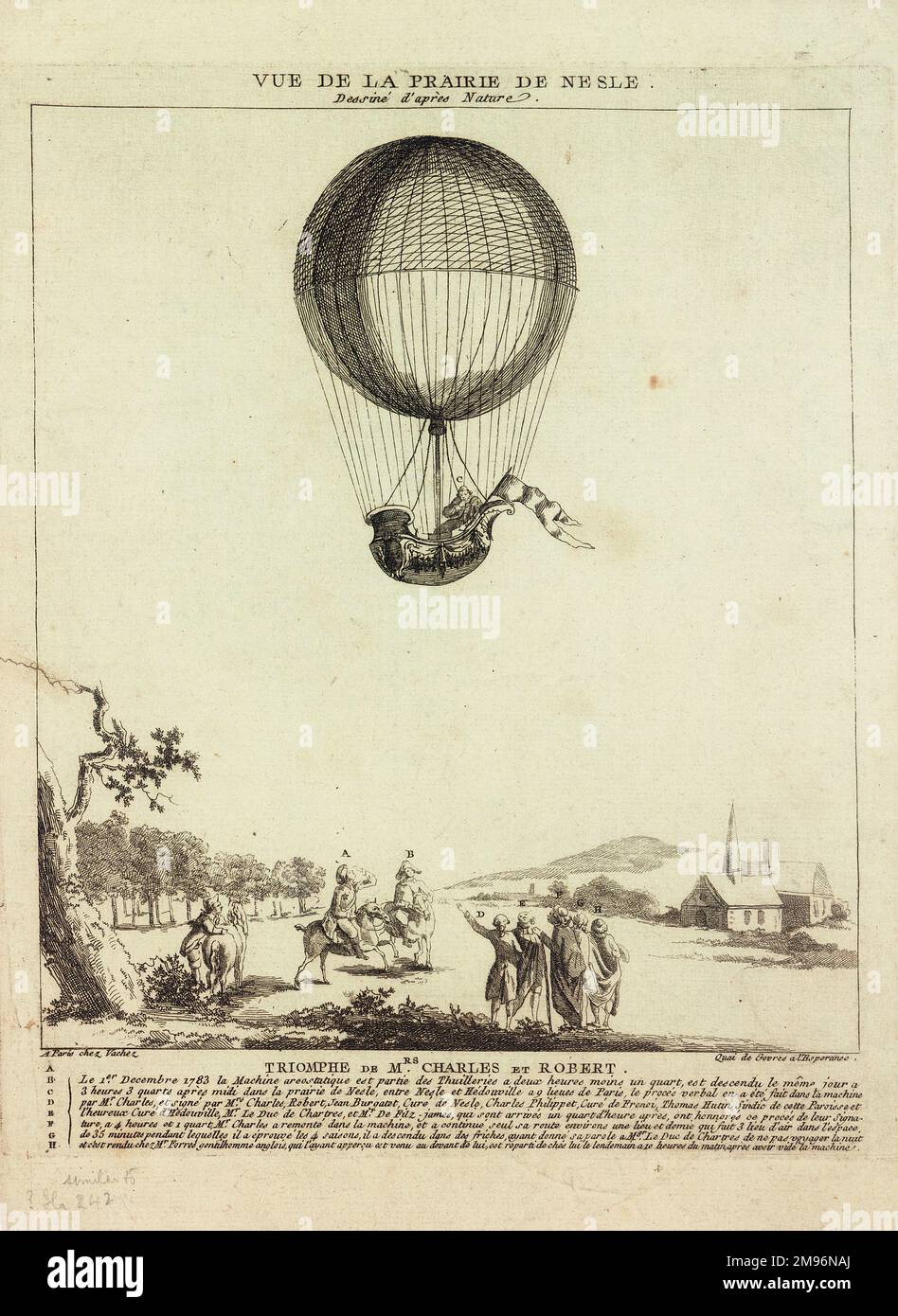 Ballonaufstieg von M Charles von der Prairie de Nesle, Nordfrankreich, wo er nach dem Start von den Tuilerien, Paris, am 1. Dezember 1783 gelandet war. Ich sah hier zum zweiten Mal aufsteigen. M. Robert, der Charles aus Paris begleitete, kann am Boden mit anderen gesehen werden, die winken. Es war der erste Wasserstoffballonflug. Stockfoto