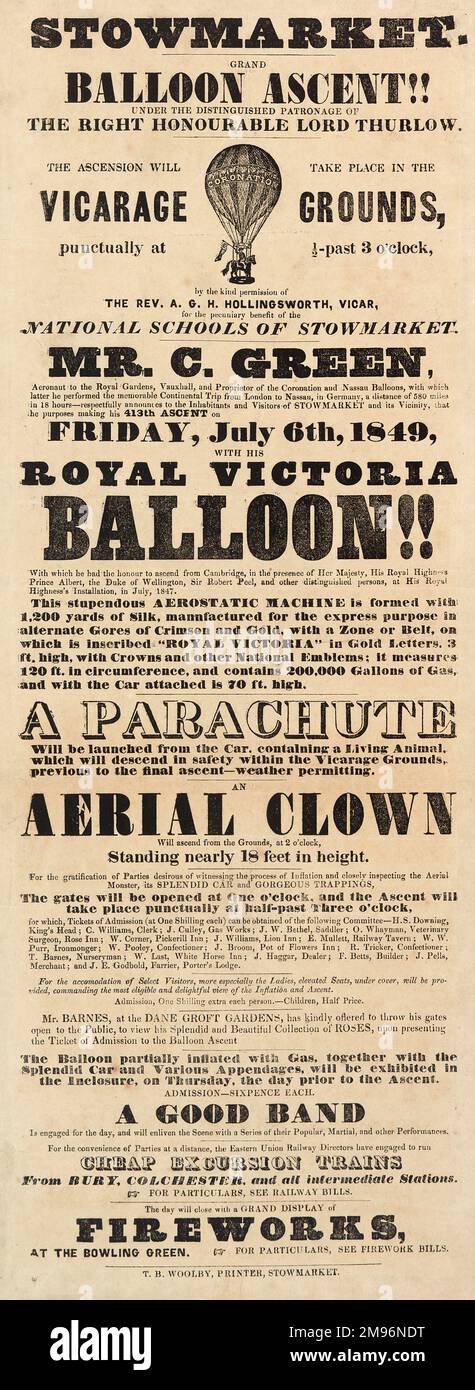 Charles Green Poster mit Ballonfahrten, in der er seinen Aufstieg von 413. anpreist, vom Vicarage Grounds, Stowmarket in seinem Royal Victoria Balloon. Außerdem steigt ein Aerial Clown aus dem Gelände auf, der fast 18 Meter hoch ist. Mit einer Band, Exkursionszüge von nahegelegenen Orten und Feuerwerk. Stockfoto