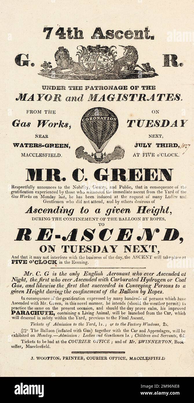 Charles Green Plakat mit Ballonfahrten für seinen Aufstieg im Jahr 74., unter der Schirmherrschaft des Bürgermeisters und der Magistraten, von der Gasfabrik in der Nähe von Waters Green, Macclesfield, mit der Möglichkeit, später am selben Tag einen Aufstieg zu machen. Stockfoto