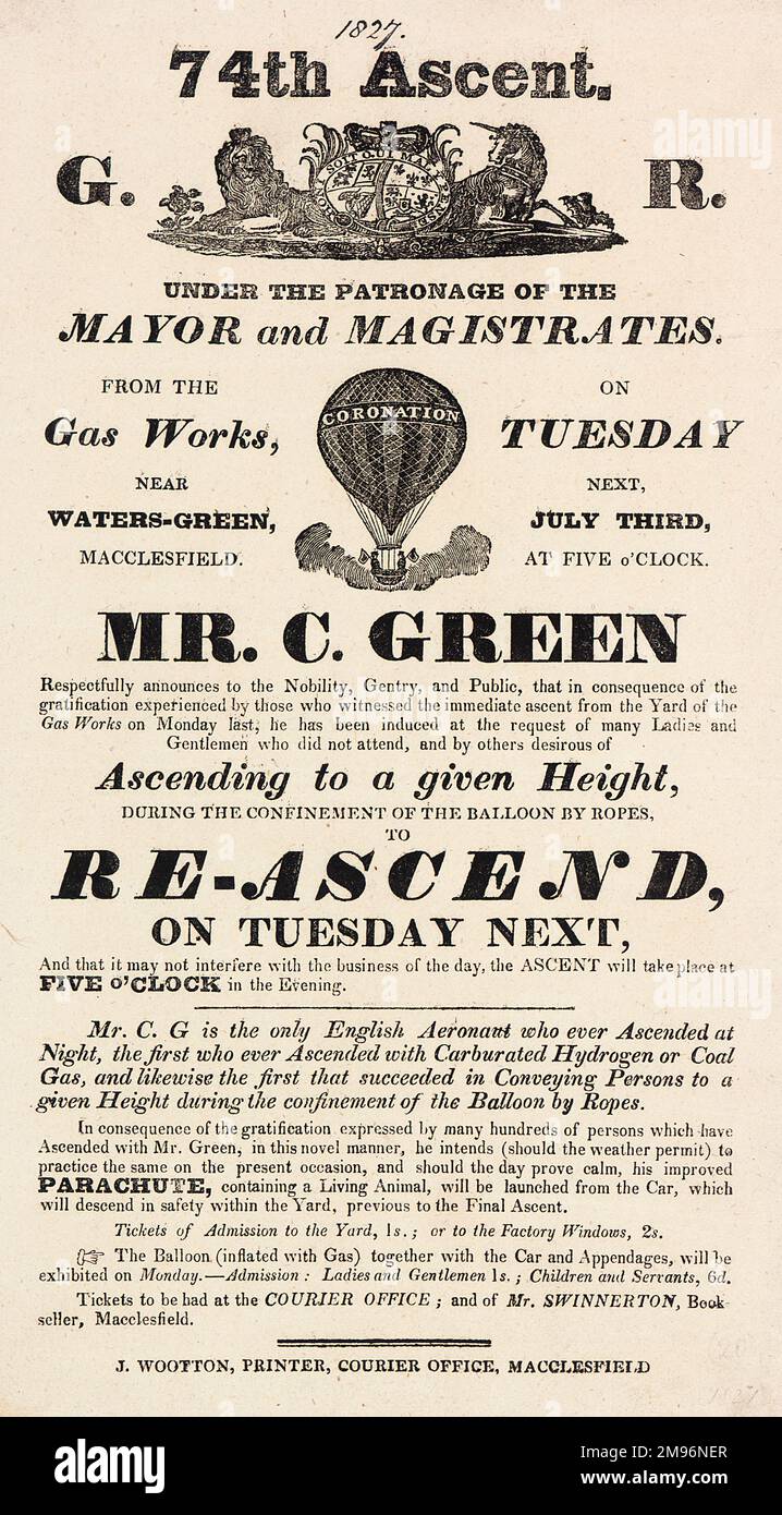 Charles Green Plakat mit Ballonfahrten für seinen Aufstieg im Jahr 74., unter der Schirmherrschaft des Bürgermeisters und der Magistraten, von der Gasfabrik in der Nähe von Waters Green, Macclesfield, mit der Möglichkeit, später am selben Tag einen Aufstieg zu machen. Stockfoto
