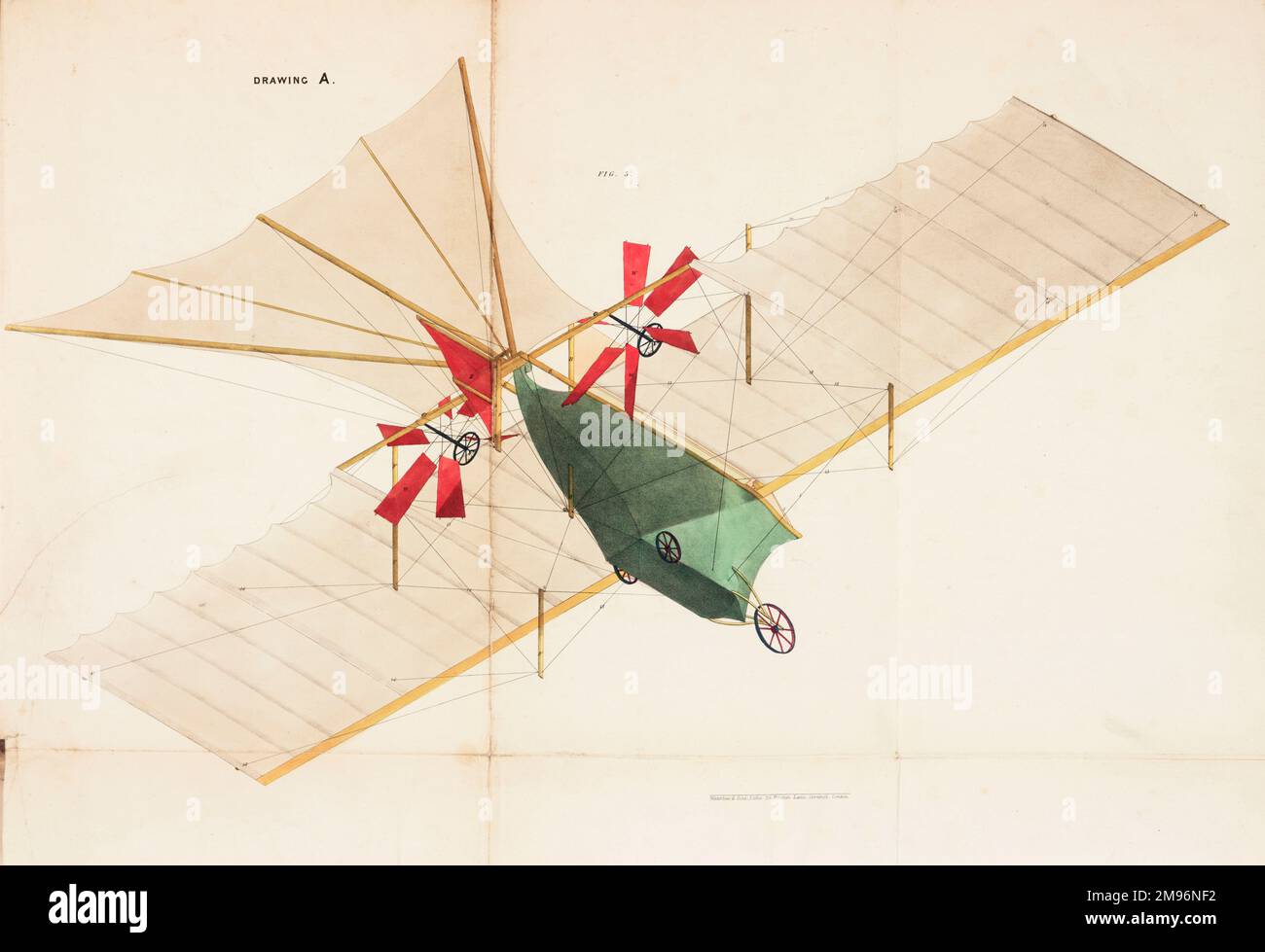 Der Luftdampfwagen -- Unteransicht mit bedecktem Stoff. Diese Flugmaschine wurde 1842 von William Samuel Henson (1812-1888) und John Stringfellow (1799-1883) patentiert. Stockfoto