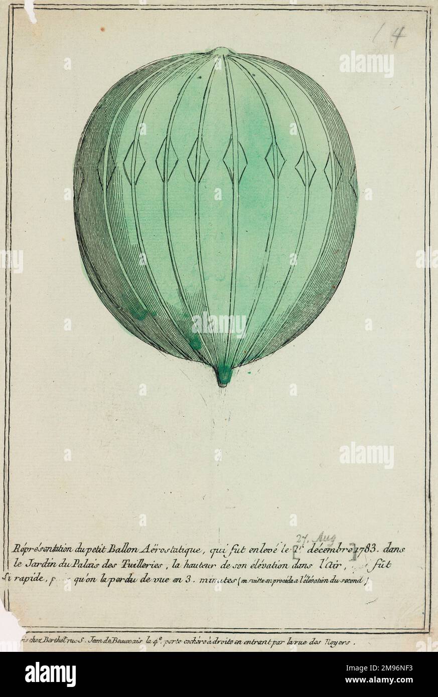 Ein Ballon, der am 27. August oder 1. Dezember 1783 von den Tuilerien in Paris aufstieg. Wenn sie zu einem früheren Zeitpunkt als Probelauf freigegeben worden ist, kann sie ohne Fahrgäste freigegeben worden sein. Stockfoto