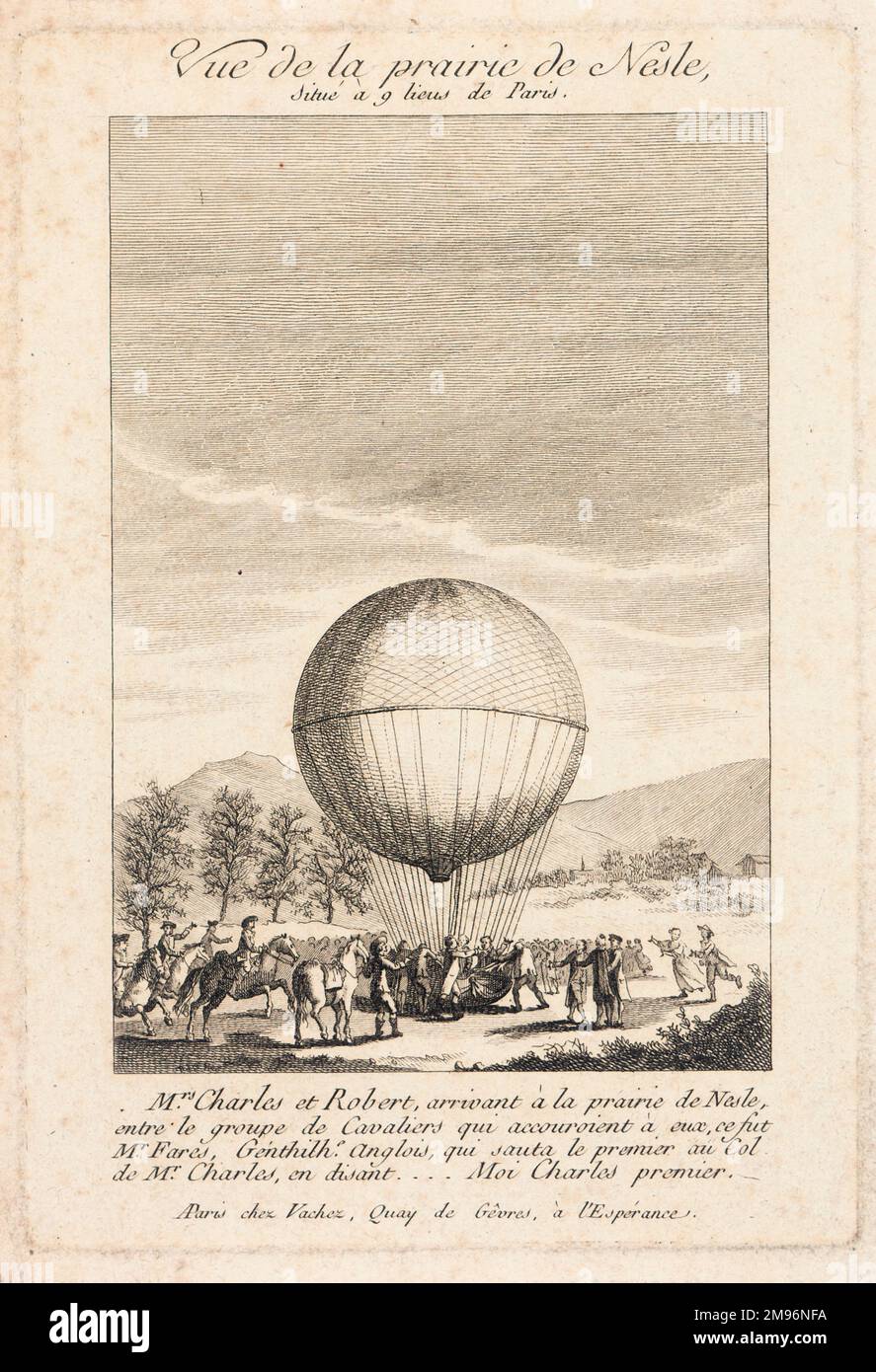 Ballonabstieg von Charles und Robert auf die Prairie de Nesle, Nordfrankreich, umgeben von verschiedenen Zeugen, darunter ein englischer Gentleman, Mr. Fares, der als erster M Charles begrüßte. Sie waren von den Tuilerien in Paris abgehauen. Stockfoto