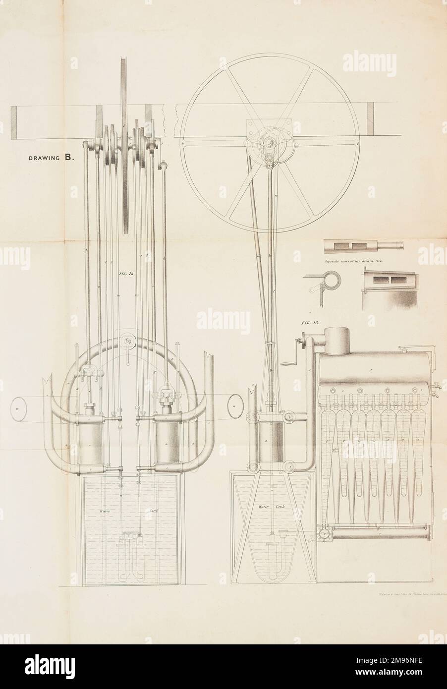Der Luftdampfwagen -- vergrößerte Ansicht der Dampfmaschine. Diese Flugmaschine wurde 1842 von William Samuel Henson (1812-1888) und John Stringfellow (1799-1883) patentiert. Stockfoto