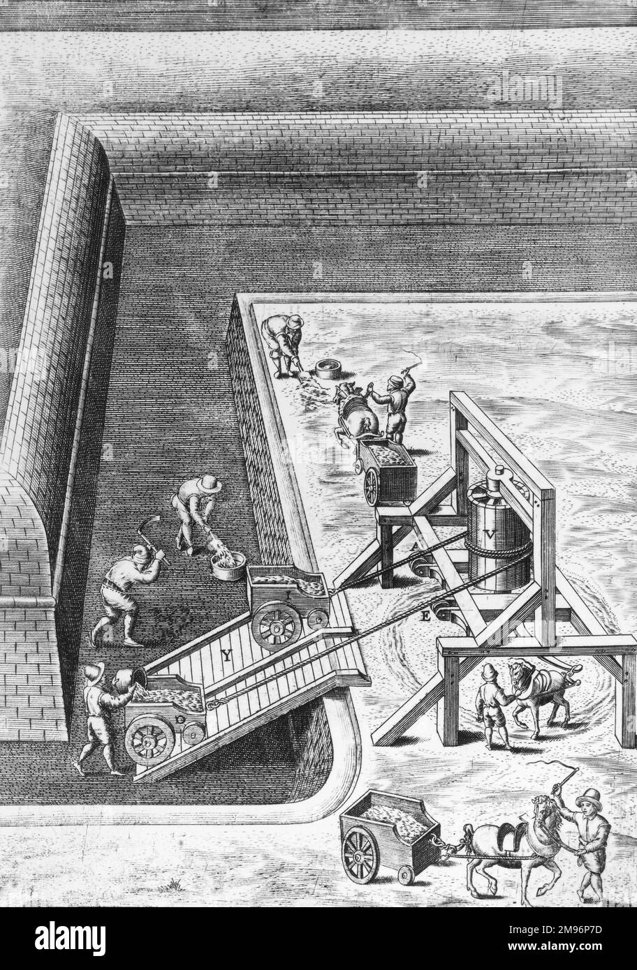 Eine detaillierte Gravur des Baus eines Grabes aus dem 16. Jahrhundert. Stockfoto