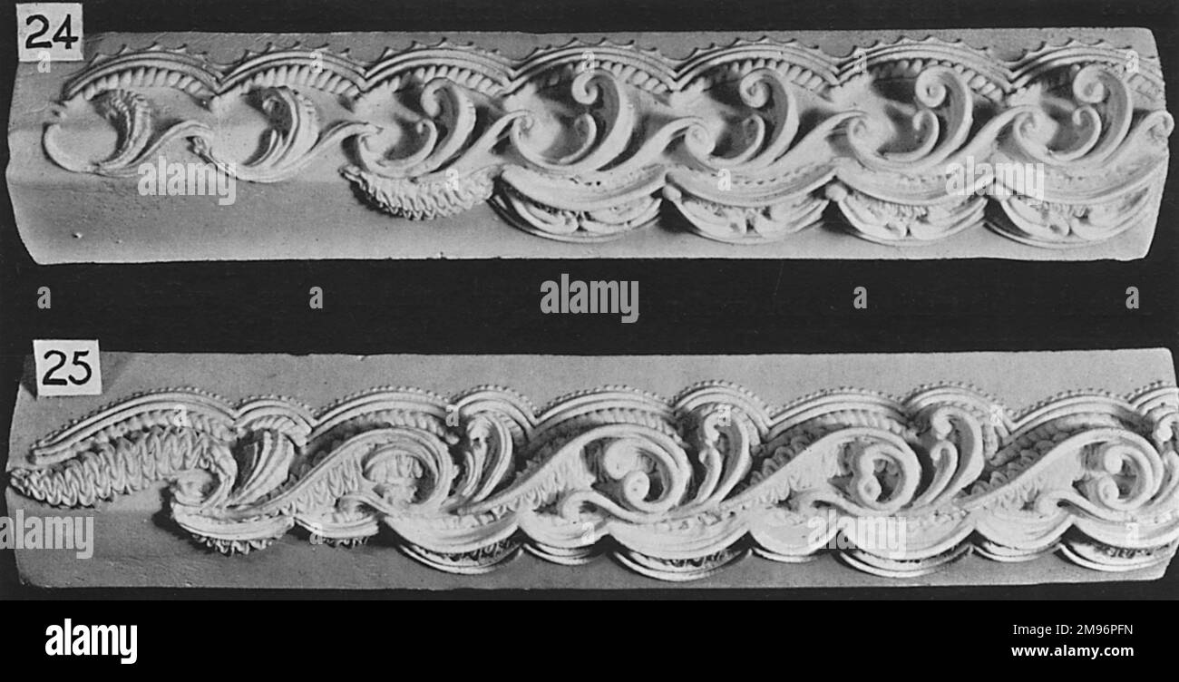 Kuchenrand und seitliche Bildlaufleiste, (24) umgekehrter „C“-Bildlaufrand, (25) Bildlaufleiste und Muschelrand. Stockfoto