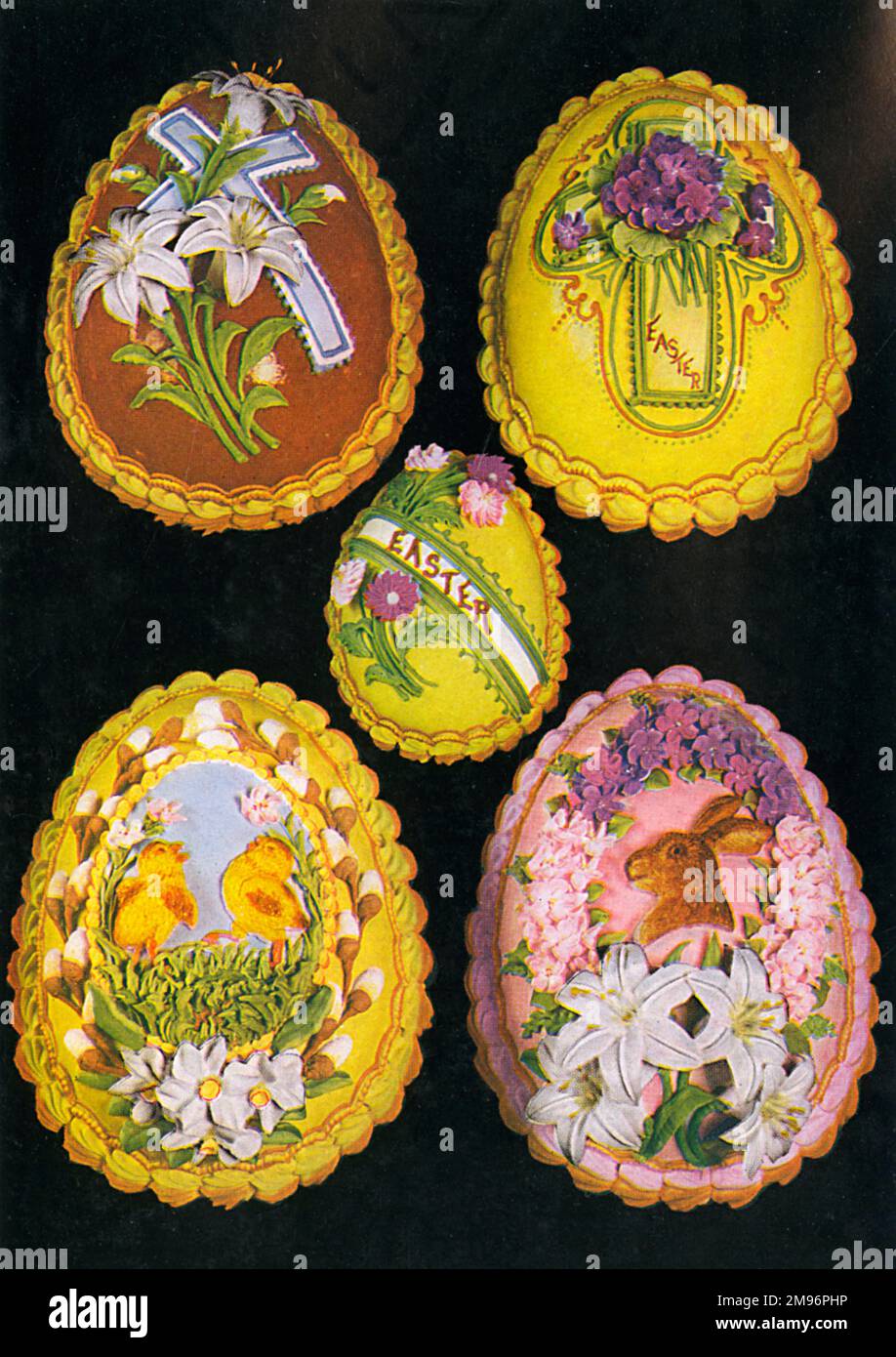 Saisonale Kuchen, Ostereier mit detaillierten Designs. Stockfoto