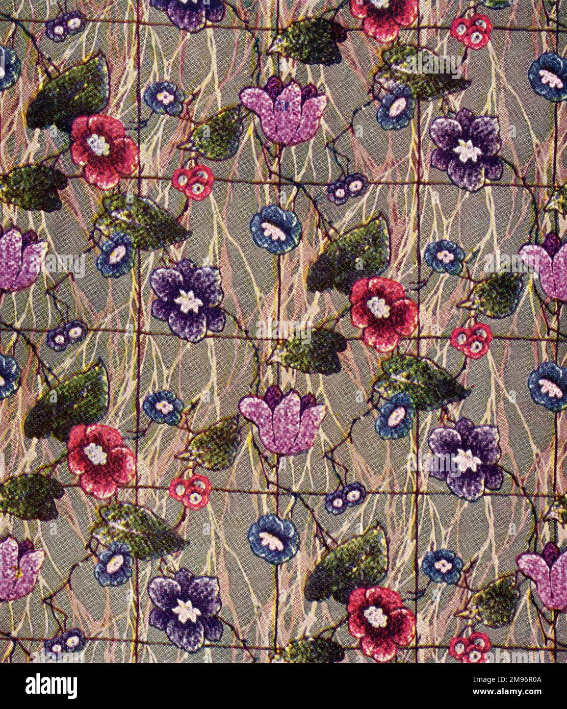 Stoffdesign mit Blumenmotiven auf grauem gemustertem Hintergrund Stockfoto