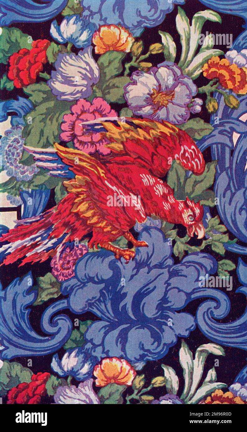 Bedrucktes Leinendesign mit rotem Vogel und Blumen Stockfoto