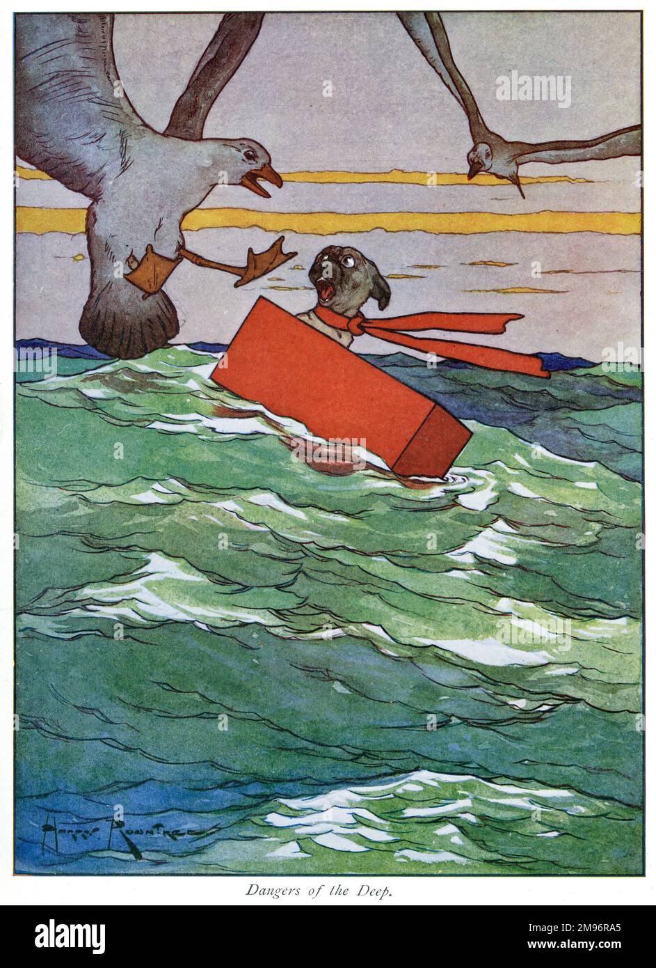 Pug Peter -- Gefahren der Tiefe. Ein Hund in einer roten Kiste bei einem Sturm auf See, der von Möwen konfrontiert wird. Stockfoto