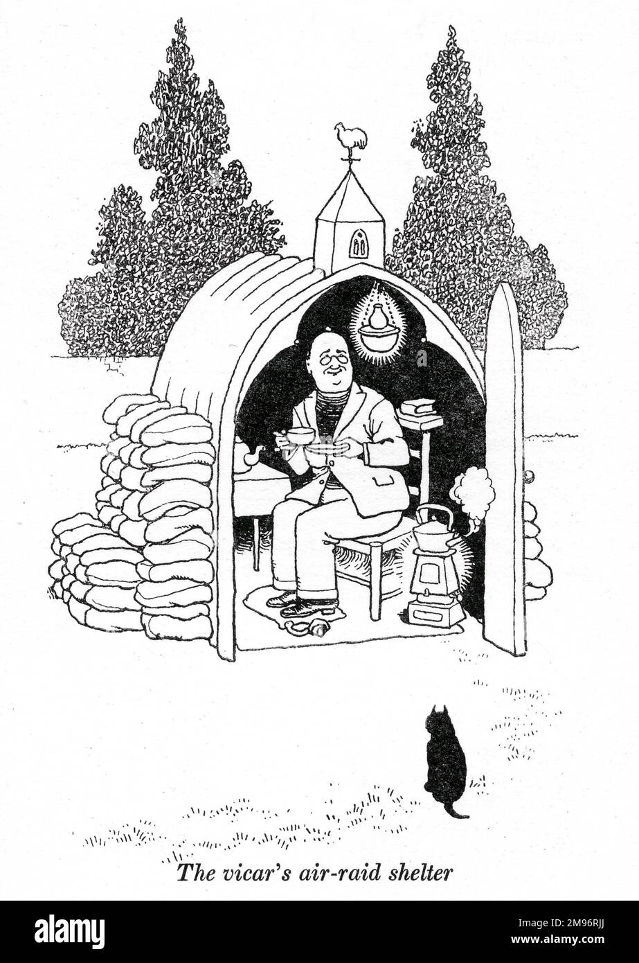 Heath Robinson - Wartime Cartoons - Zweiter Weltkrieg. Der Luftschutzbunker des Pfarrers. Stockfoto