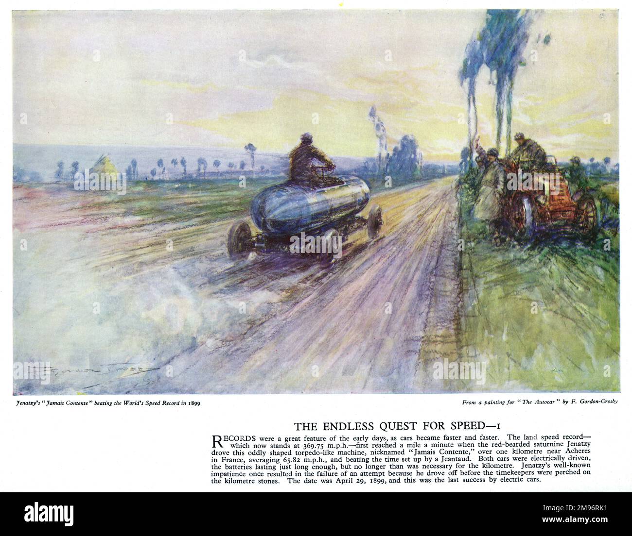 Autocar-Poster – Camille Jenatzys „Jamais Contente“ schlägt den Weltrekord bei Acheres in Frankreich mit durchschnittlich etwas mehr als 65 km/h. Stockfoto