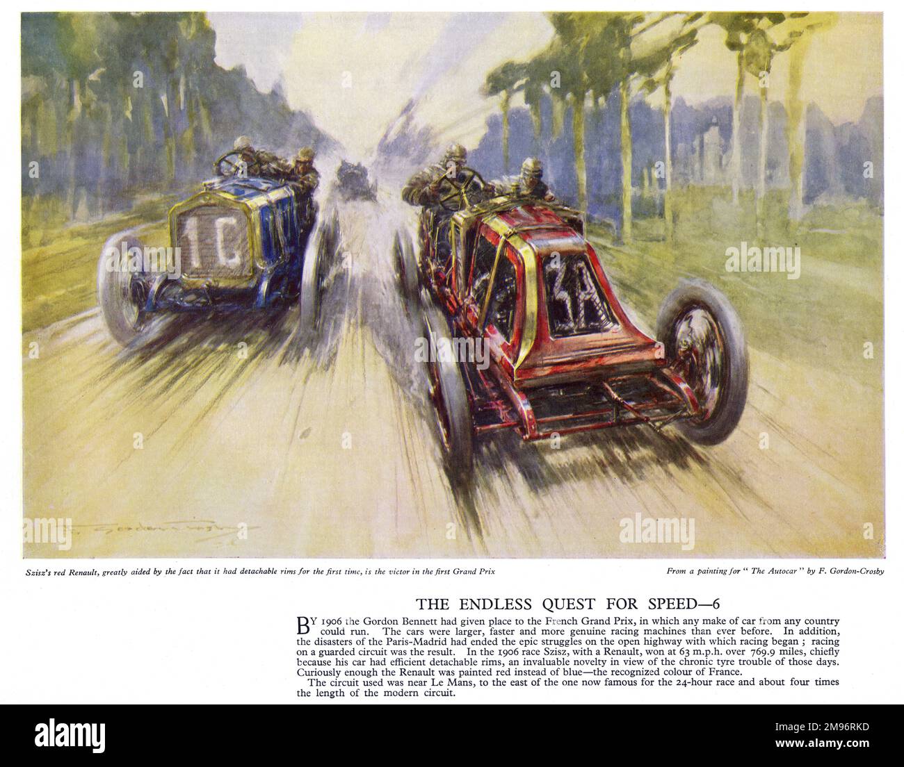 Autocar Poster – Szisz in seinem roten Renault, in dem er den ersten französischen Grand Prix gewann. Seine Durchschnittsgeschwindigkeit für das Rennen betrug 63 km/h. Der benutzte Schaltkreis war in der Nähe von Le Mans. Stockfoto