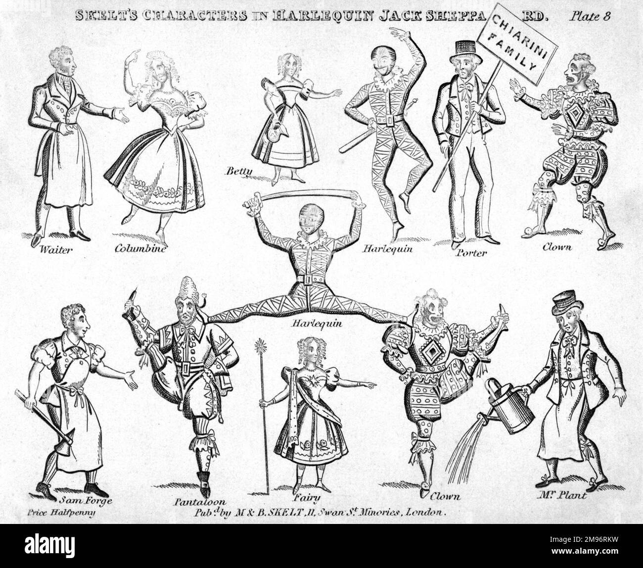 Klassische Charaktere aus dem Pantomime - Harlequin, Columbine, Clown und Pantaloon - gemischt mit anderen - Kellner, Betty, Porter, Sam Forge, Fee und Mr Plant - um eine Produktion von Harlequin Jack Sheppard zu bilden. Stockfoto