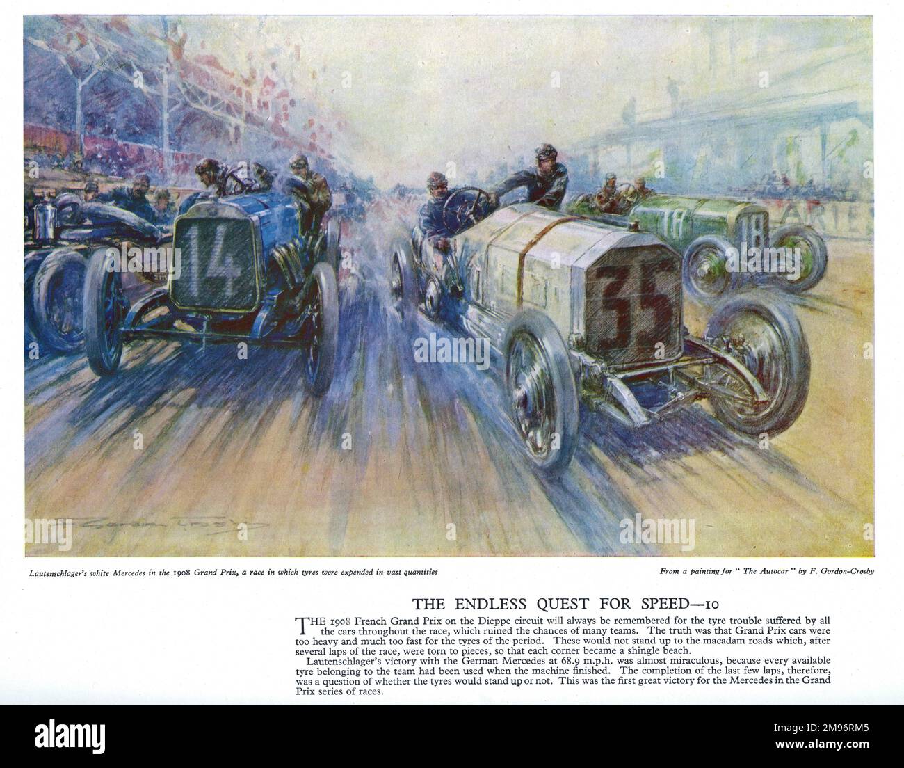 Autocar Poster - Lautenschlager in einem weißen deutschen Mercedes während der Rennstrecke des französischen Grand Prix, Dieppe. Stockfoto