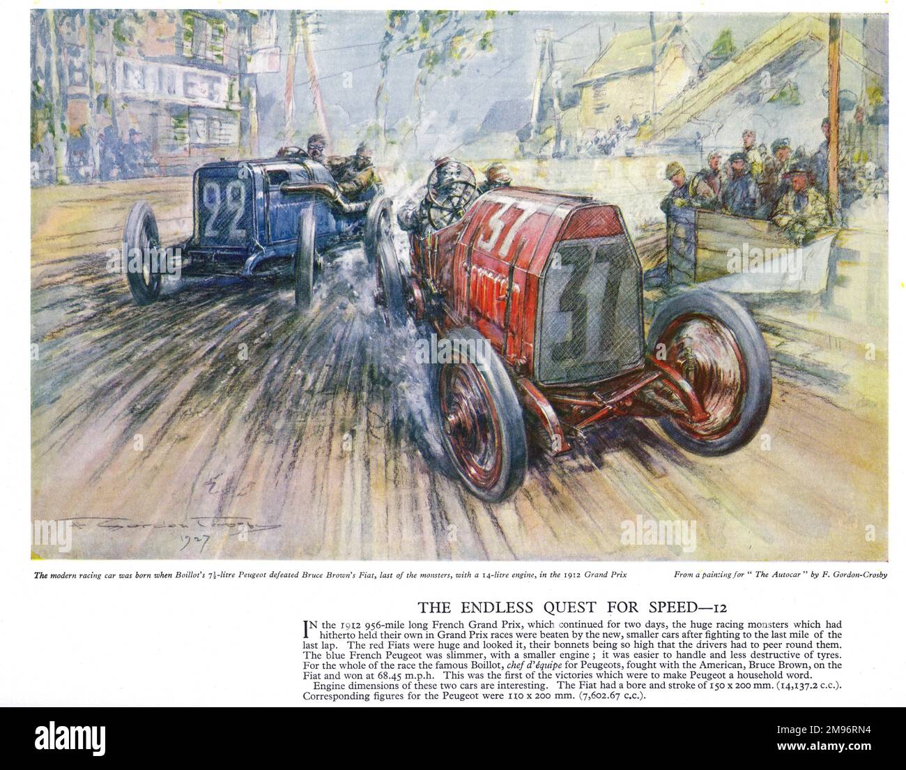 Autocar Poster -- französischer Fahrer Boillot in einem blauen Peugeot, jagt den amerikanischen Bruce Brown in einem roten Fiat, im französischen Grand Prix. Der Peugeot war kleiner und leichter zu handhaben und gewann das Rennen mit einer Durchschnittsgeschwindigkeit von etwa 68 km/h. Stockfoto