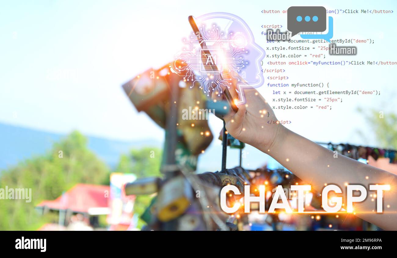 Konzeptionell ist ChatGPT (Chat GPT) ein KI-Chatbot oder künstliche Intelligenz, der auf natürliche Weise über Nachrichten mit Menschen kommunizieren kann. Stockfoto