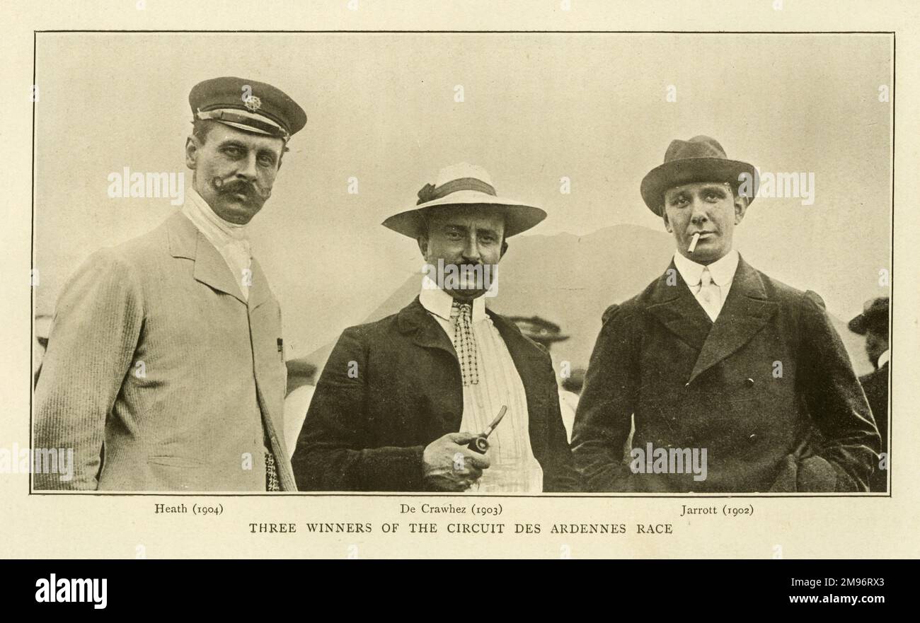 Drei Gewinner des Circuit des Ardennes Race: Heath (1904), De Crawhez (1903) und Jarrott (1902) Stockfoto