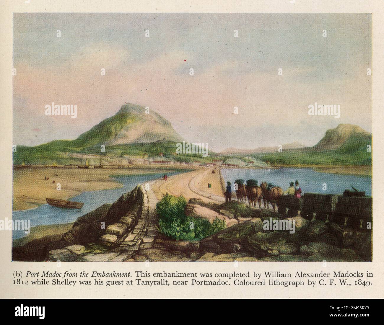 Port Madoc vom Ufer. Farbige Lithographie von C F W, 1849 Stockfoto