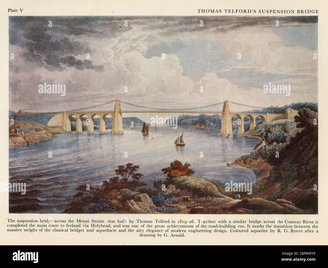 Die Hängebrücke über die Menai-Straße, erbaut von Thomas Telford in den Jahren 1819-1826. Zusammen mit einer ähnlichen Brücke über den Conway River wurde die Hauptstraße nach Irland über Holyhead fertiggestellt. Farbiger Aquatint von R G Reeve nach einer Zeichnung von G Arnald Stockfoto