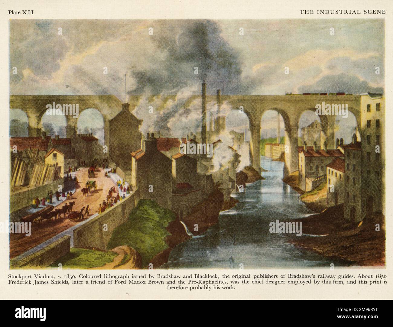 Stockport Viaduct ca. 1850. Farbige Lithographie herausgegeben von Bradshaw und Blacklock, den ursprünglichen Verlegern von Bradshaws Eisenbahnführern Stockfoto