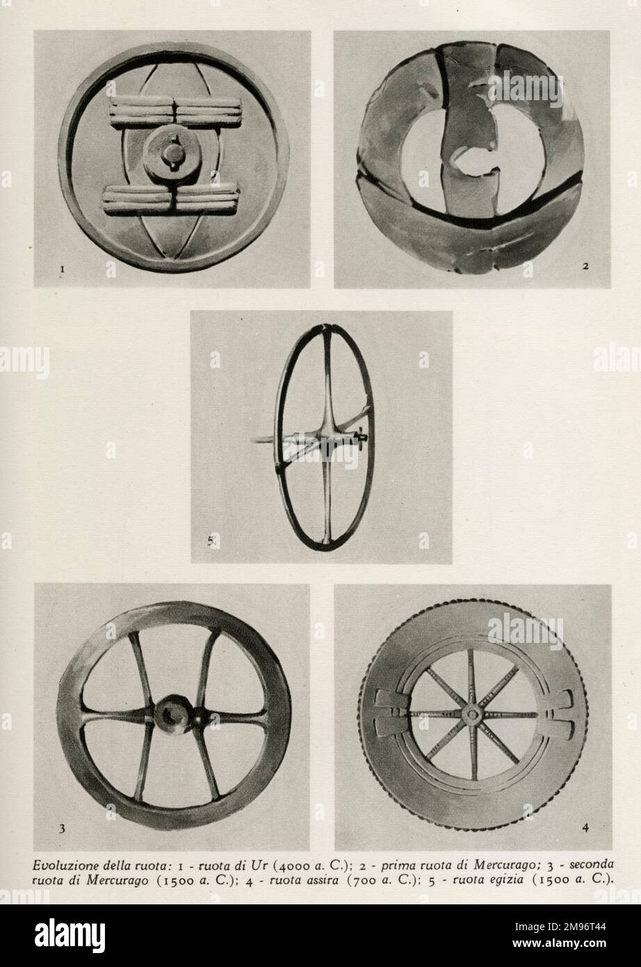 Die Entwicklung des Rades: 1. Rad Ur (4000 BCE); 2. Erstes Rad des Mercurago; 3. Zweites Rad des Mercurago (1500 BCE); 4. Assyrian-Rad (700 BCE); 5. Ägyptisches Rad (1500 BCE) Stockfoto