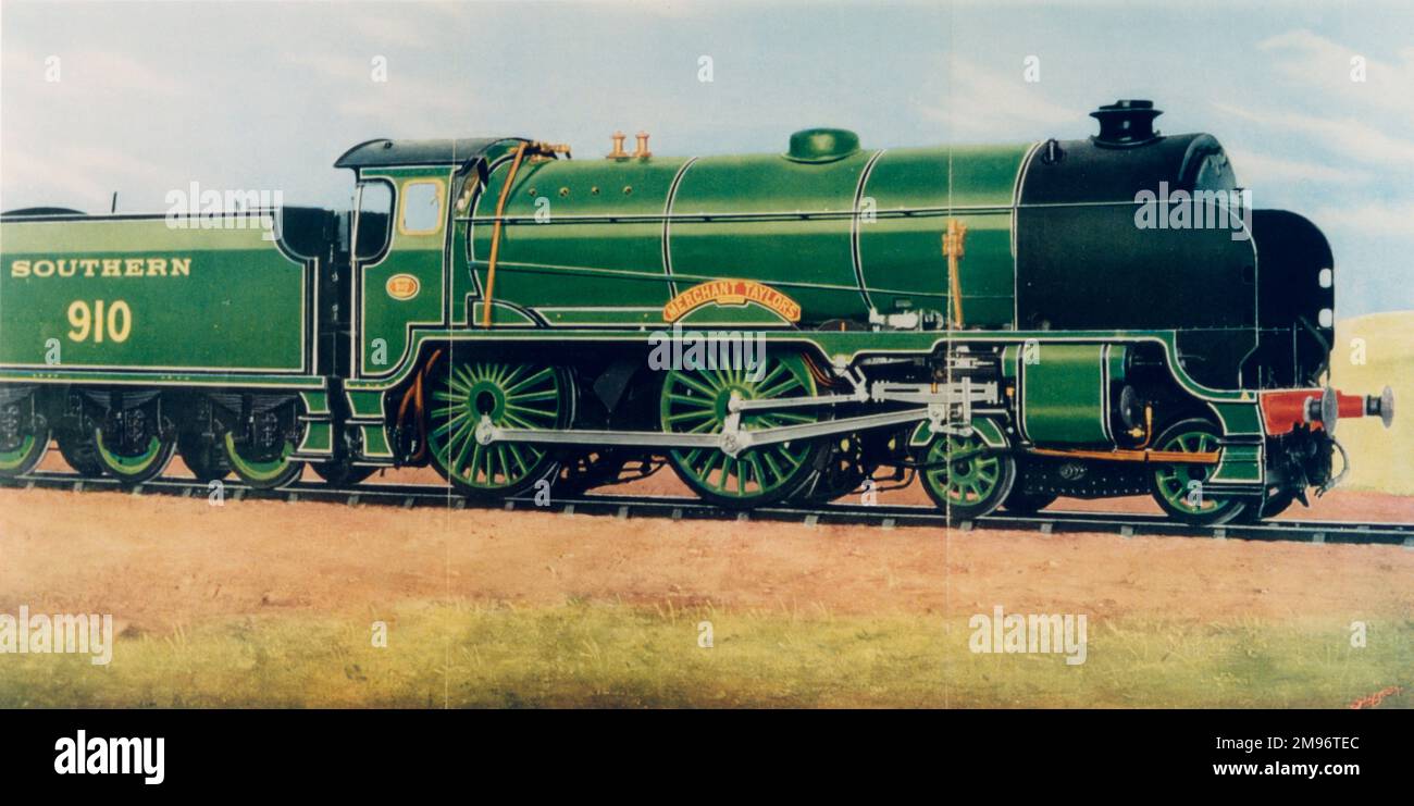 Merchant Taylors Southern Railway (SR) 4-4-0 3-Zylinder-Expresslokomotive, entworfen von E L Maunsell, gebaut bei Eastleigh Works, lackiert vy F Moore, Loco Mag, Vol. 40, 1934, Frontispiece Stockfoto