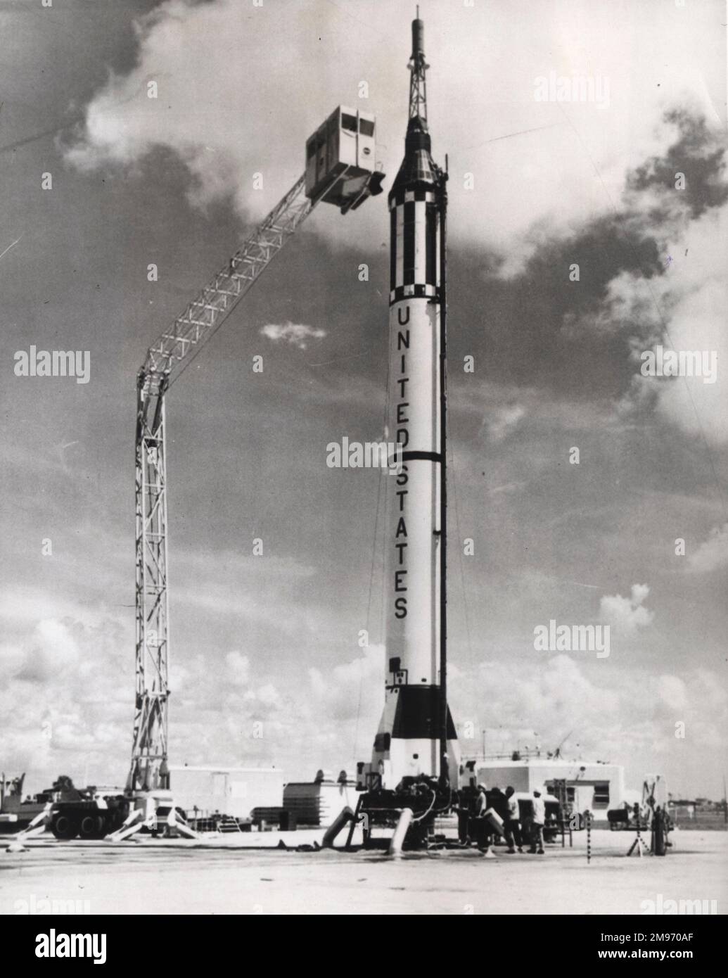 Die Mercury-Redstone-Rakete, die Virgil Grissom auf dem zweiten bemannten suborbitalen Raumflugzeug der USA transportierte. Die Quecksilberkapsel hieß Liberty Bell 7. Stockfoto