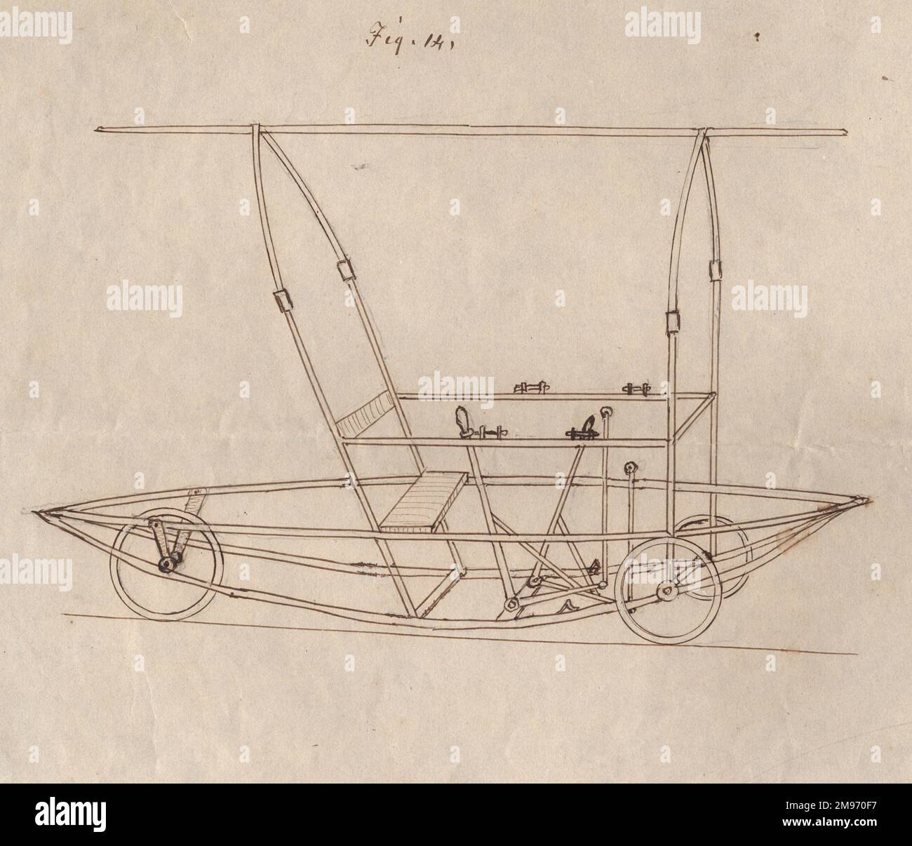 Sir George Cayleys Entwurf für den Boyträger von 1849, der die Hebel der Glockenkurbel und die Pleuelstangen für die Klappen zeigt. Stockfoto