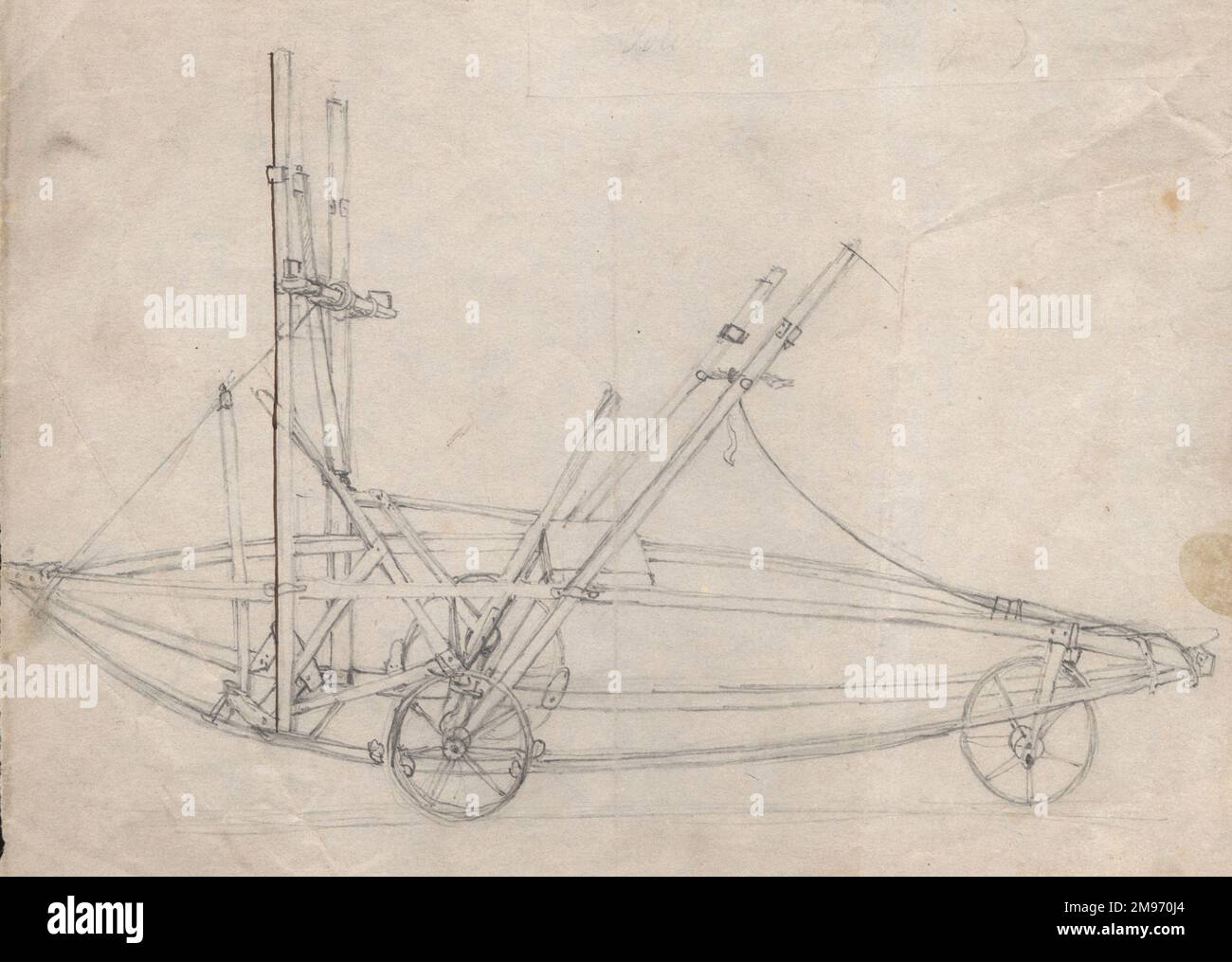 Sir George Cayleys Skizze eines Autos eines Manntransportflugzeugs, möglicherweise des Kutschers, zeigt die Hebel und Pleuel, Radbremsen usw. um 1853. Stockfoto