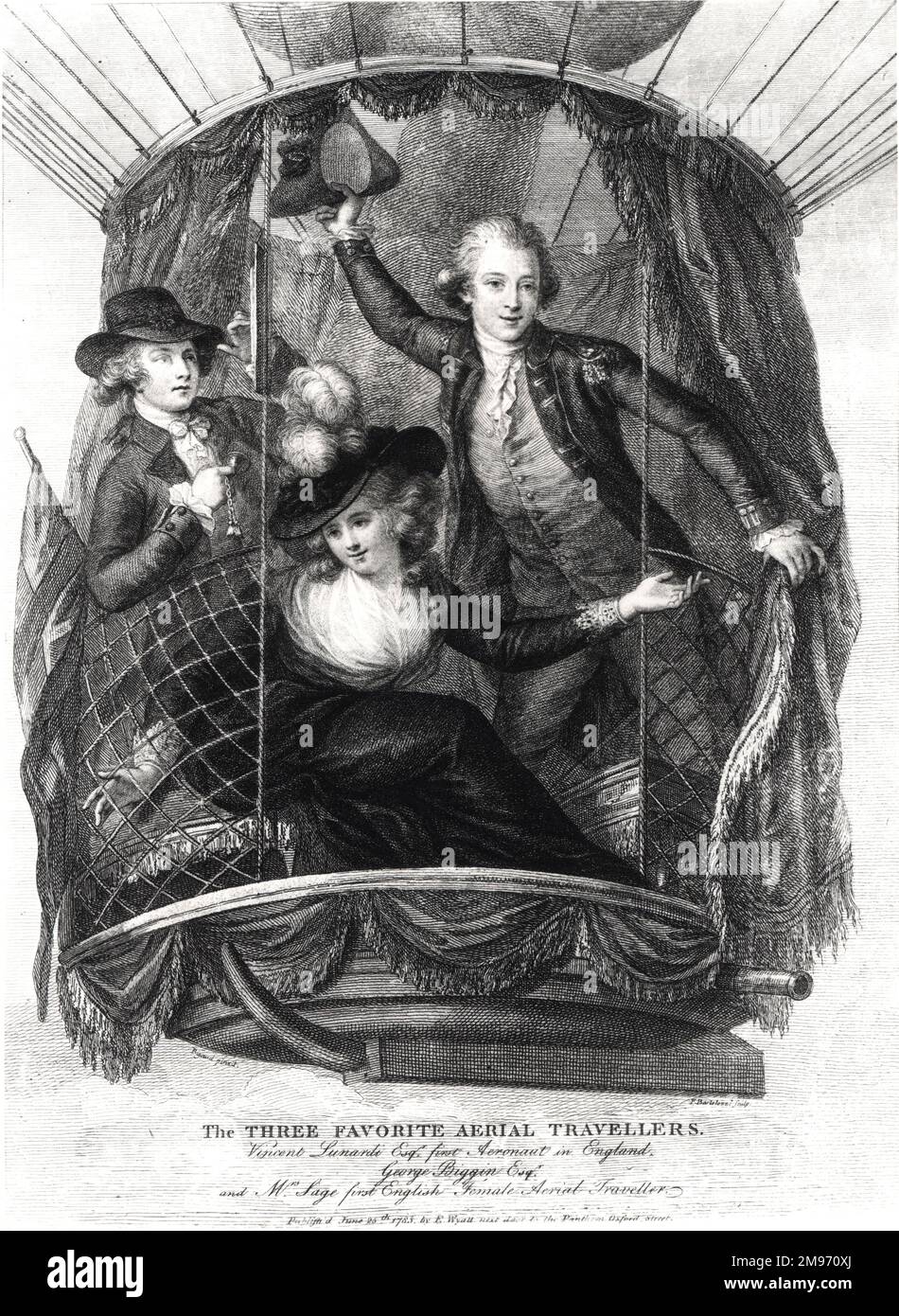Lithographien von George Biggin, Letitia Sage und Vincenzo Lunardi, aufsteigend von St. George's Fields, London, 29. Juni 1785 (Cuthbert-Hodgson-Sammlung) auf der Grundlage einer Originalaugenzeichnung von Rigaud (C.F.A. Pierce Collection). Eine farbige Version dieser Lithographie befindet sich auch in der Bibliothek der Royal Aeronautical Society. Mrs. Letitia Ann Sage war die erste Engländerin, die in die Luft stieg. Stockfoto