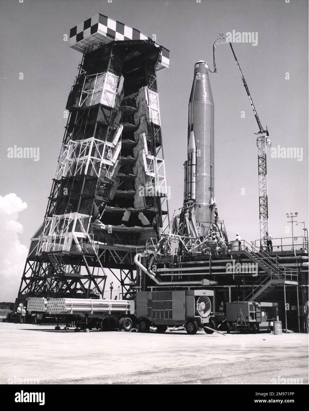 Ein Konvair Atlas B oder C ICBM im Raketentestzentrum der Luftwaffe in Cape Canaveral. Oktober 1958. Stockfoto