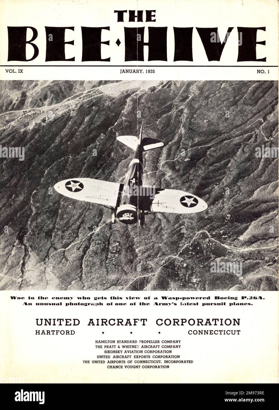 Die Titelseite des Bee Hive, Band IX, Nummer 1, Januar 1935, veröffentlicht von der United Aircraft Corporation für die Mitarbeiter ihrer Tochtergesellschaften. Stockfoto