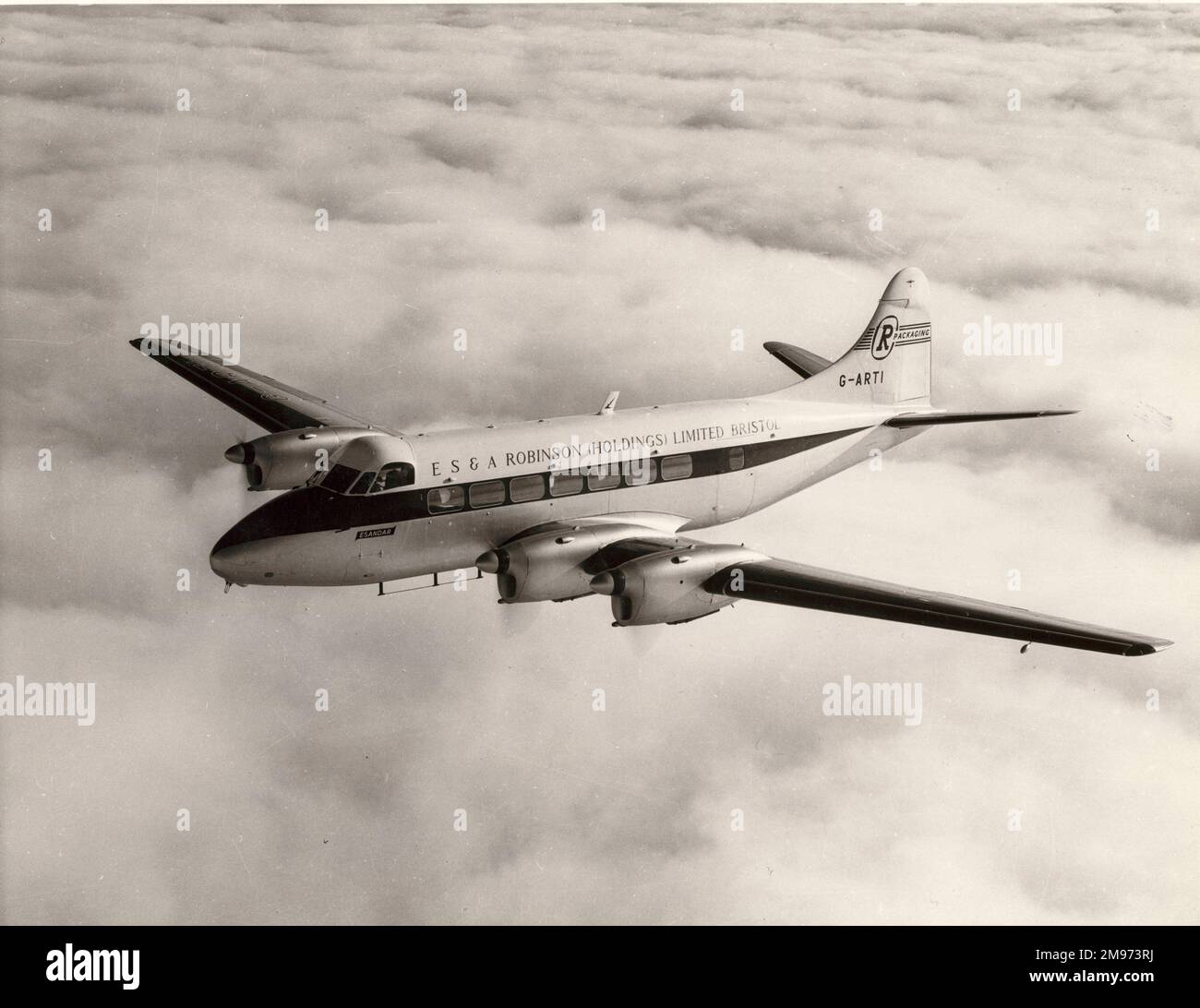 De Havilland DH114 Heron 2D, G-ARTI, Esandar, in den Zeichen von E S & A Robinson (Holdings). Stockfoto